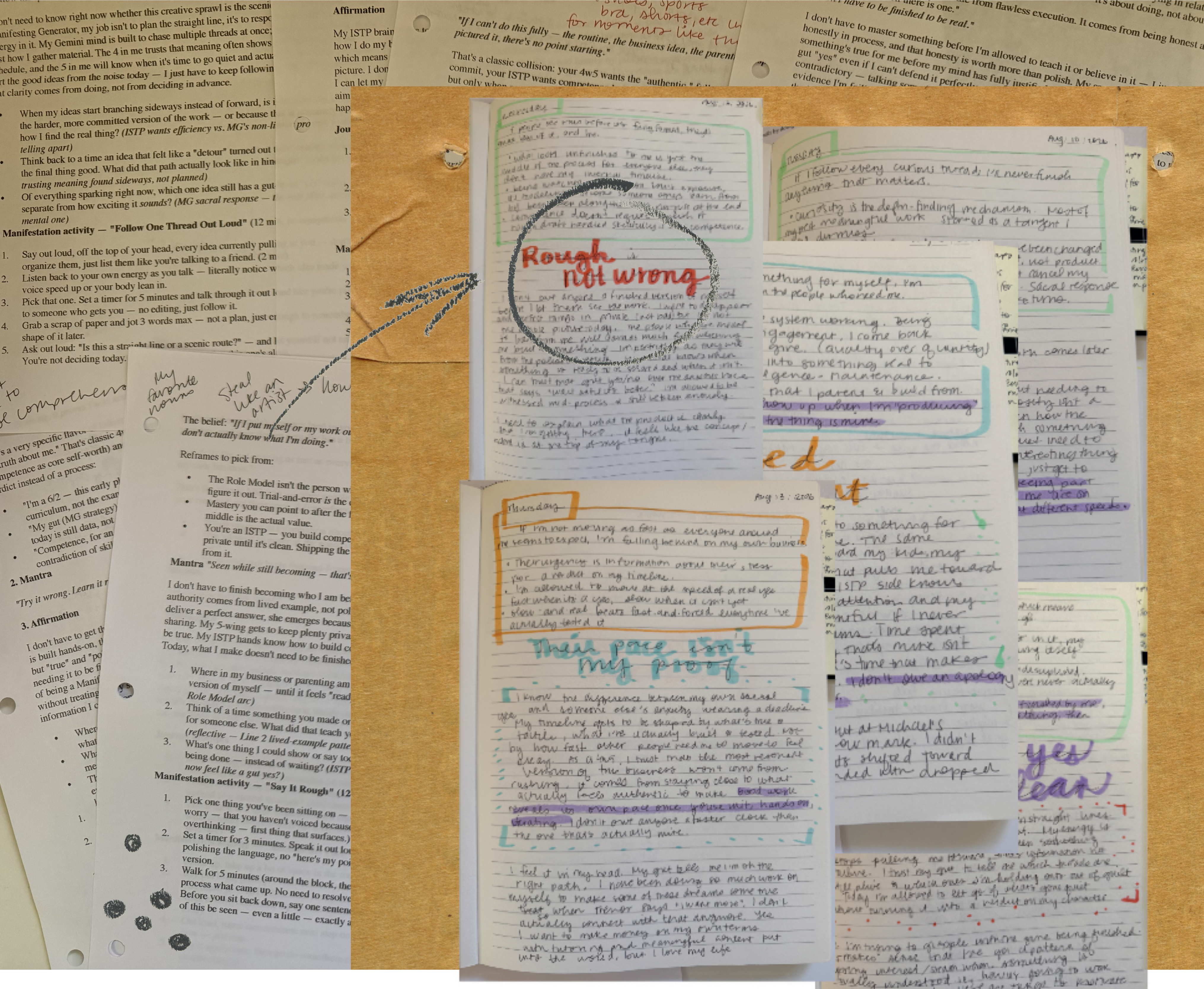Handwritten copy pages with colorful highlights