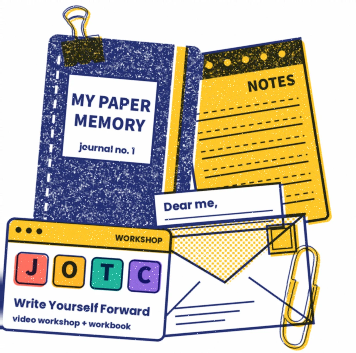 A handmade collage of a notebook, notepad, stationery, and a writing workshop